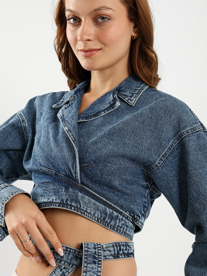 Cropped Wrap-Around Denim Jacket