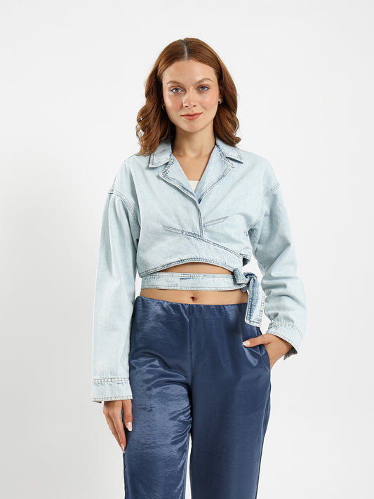 Cropped Wrap-Around Denim Jacket