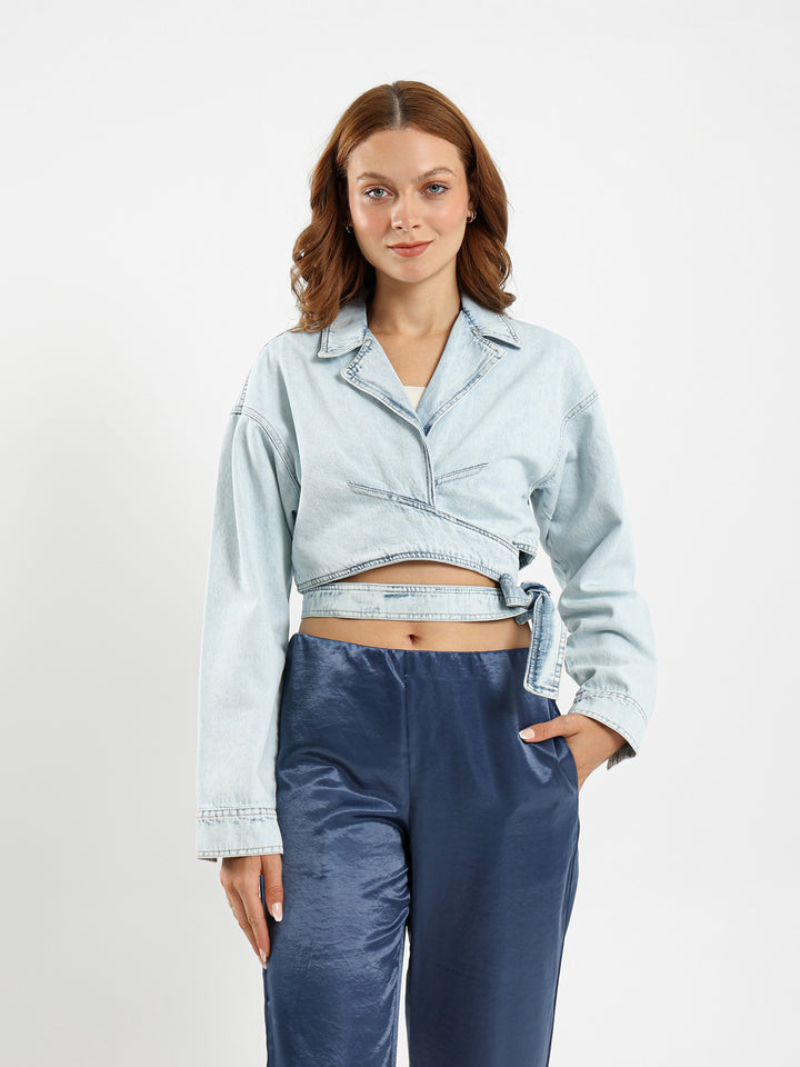 Cropped Wrap-Around Denim Jacket