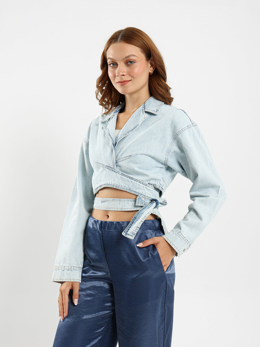 Cropped Wrap-Around Denim Jacket