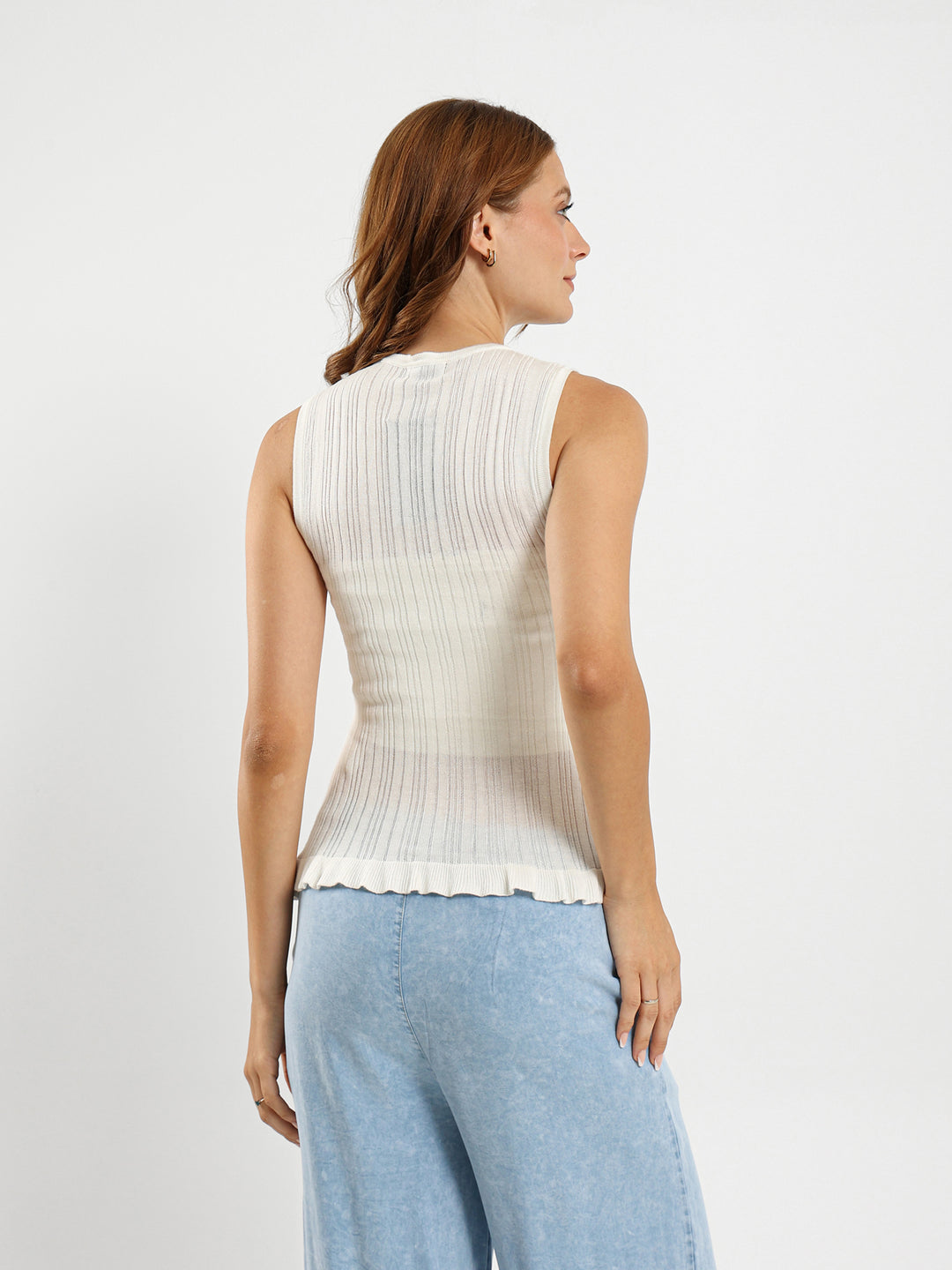 Sleeveless Top With Ruffle Hem And Flower Trim