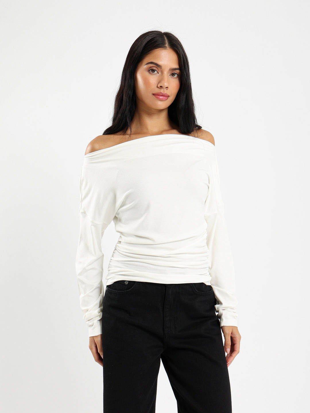 Fitted Waist Side Ruch Long Sleeve Tee