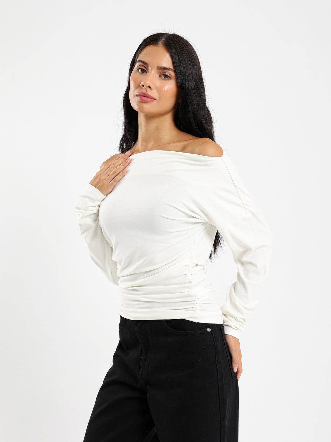 Fitted Waist Side Ruch Long Sleeve Tee