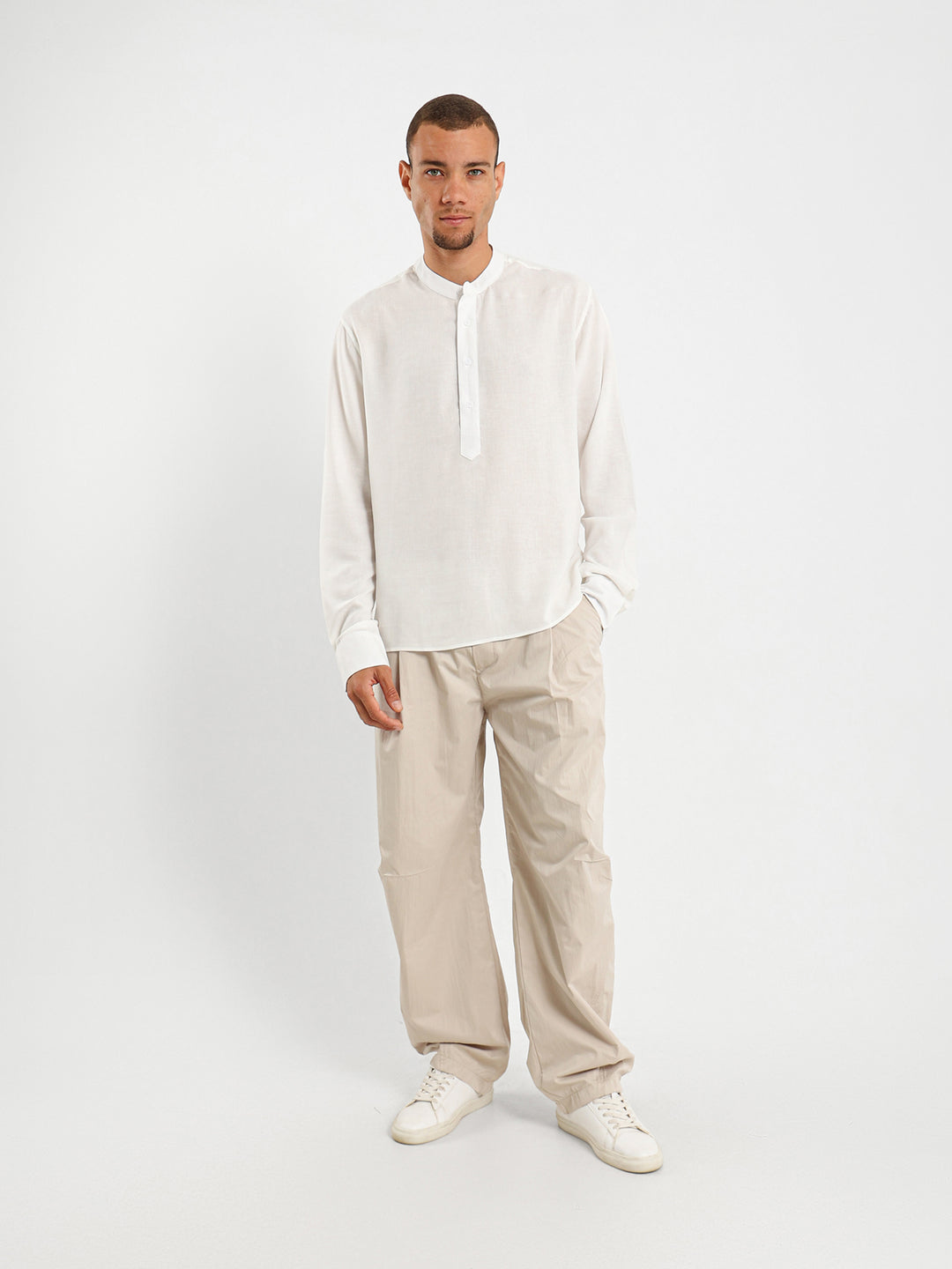 Linen Grandad Collar Full Placket Long Sleeve Shirt