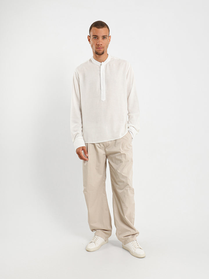 Linen Grandad Collar Full Placket Long Sleeve Shirt