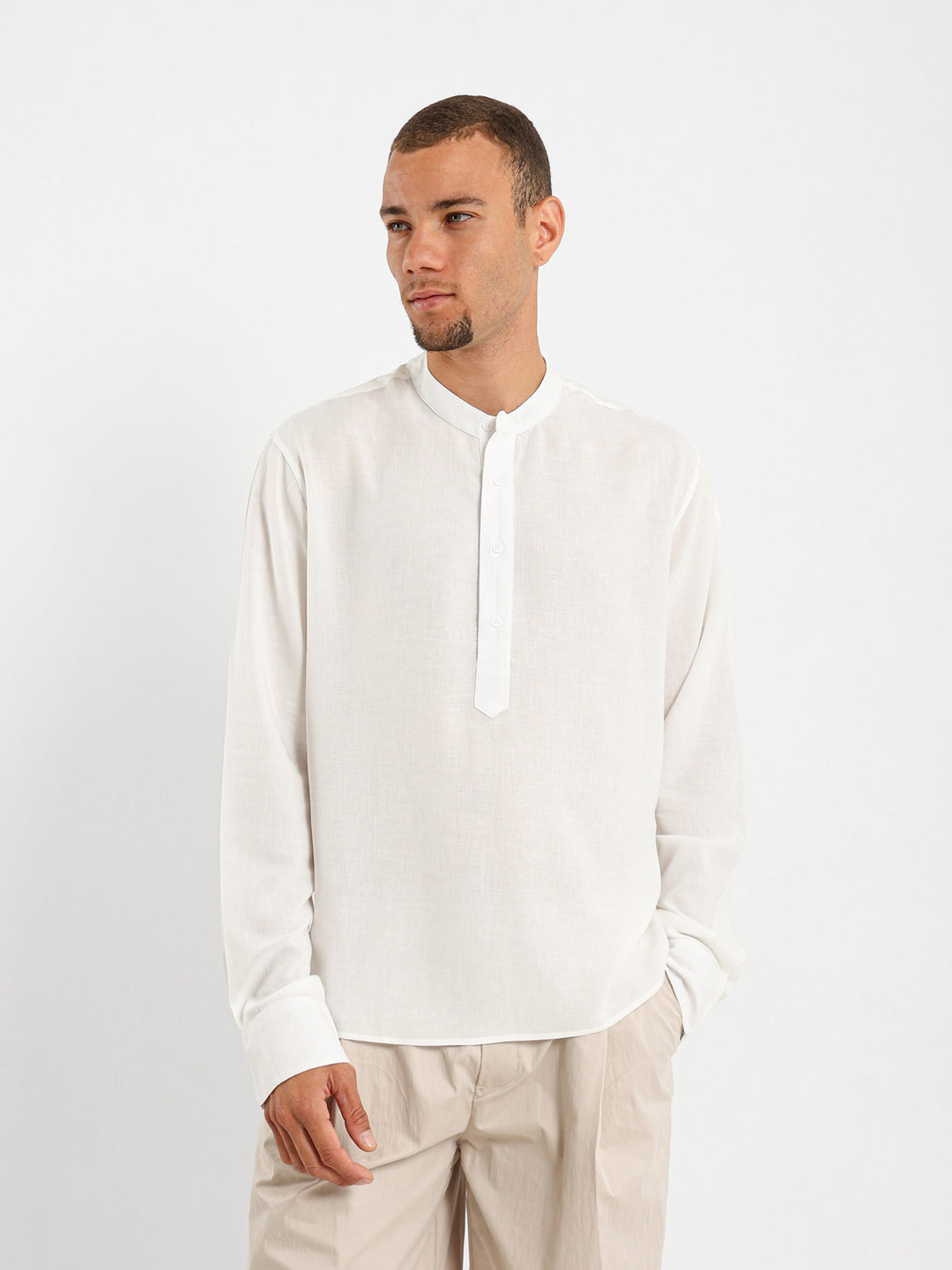 Linen Grandad Collar Full Placket Long Sleeve Shirt