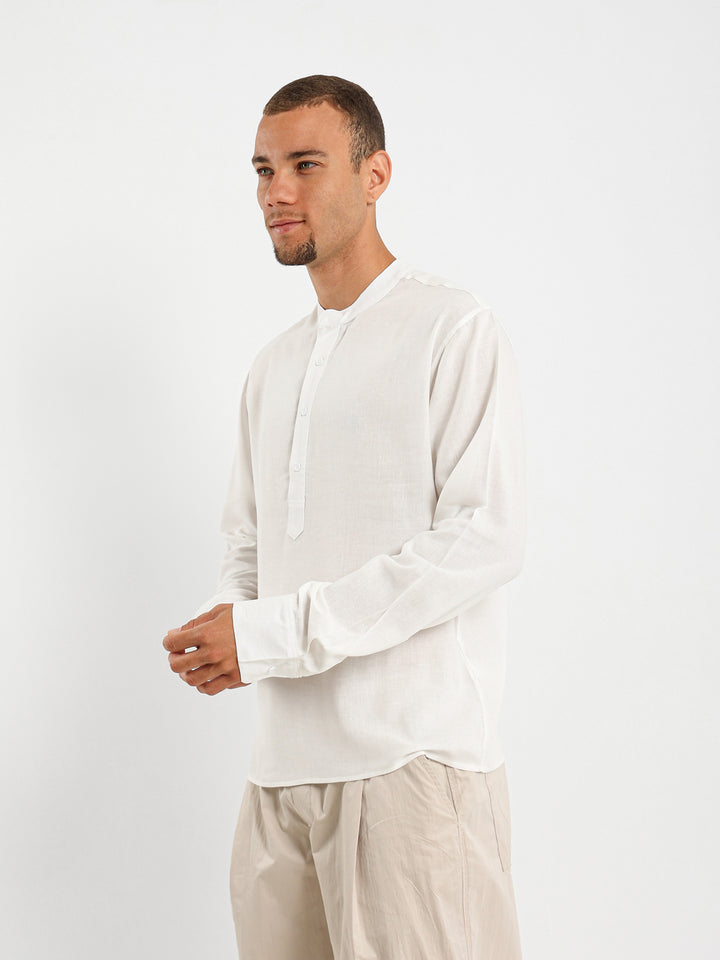 Linen Grandad Collar Full Placket Long Sleeve Shirt