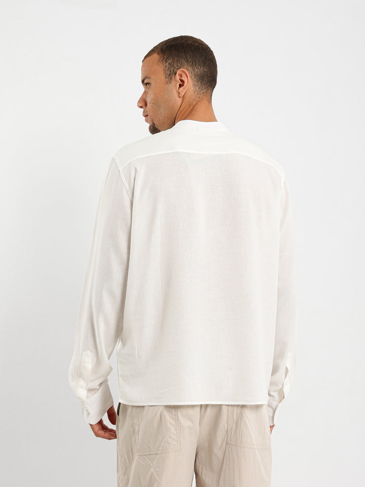 Linen Grandad Collar Full Placket Long Sleeve Shirt
