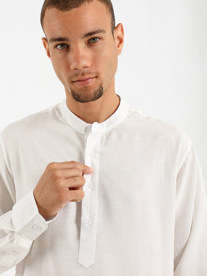 Linen Grandad Collar Full Placket Long Sleeve Shirt