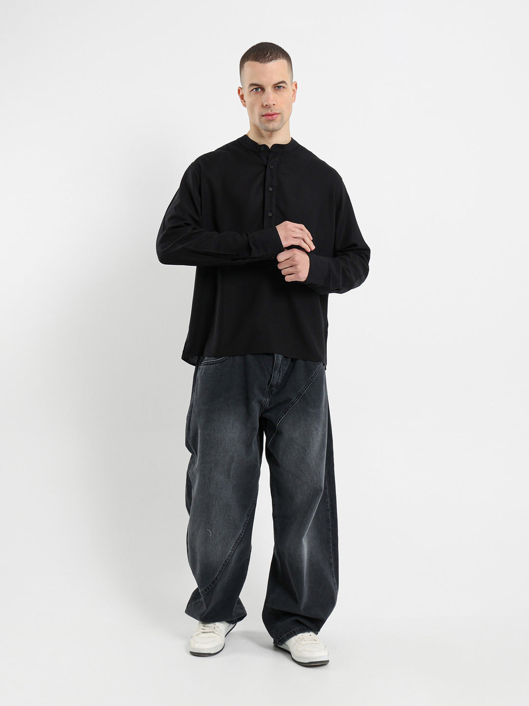 Linen Grandad Collar Full Placket Long Sleeve Shirt