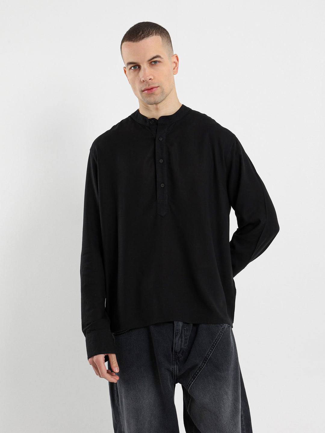 Linen Grandad Collar Full Placket Long Sleeve Shirt