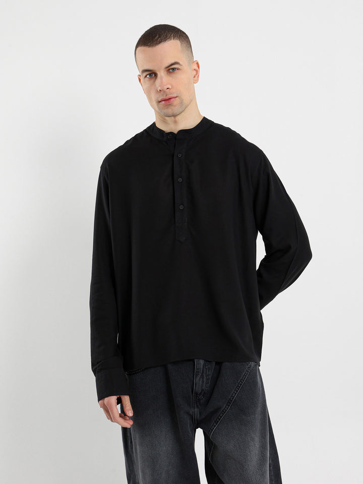Linen Grandad Collar Full Placket Long Sleeve Shirt