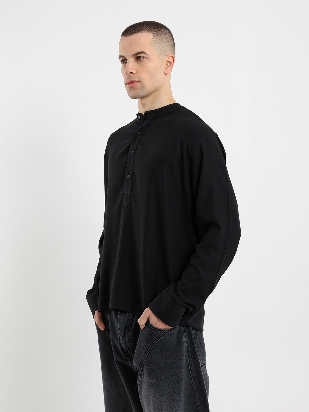 Linen Grandad Collar Full Placket Long Sleeve Shirt