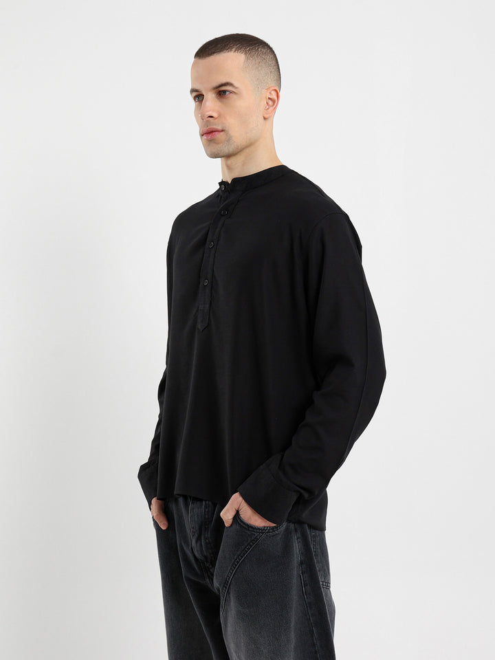 Linen Grandad Collar Full Placket Long Sleeve Shirt