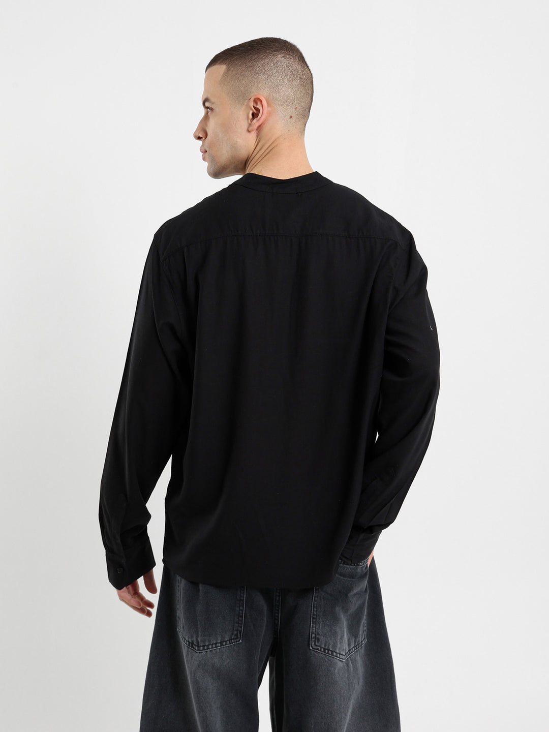 Linen Grandad Collar Full Placket Long Sleeve Shirt