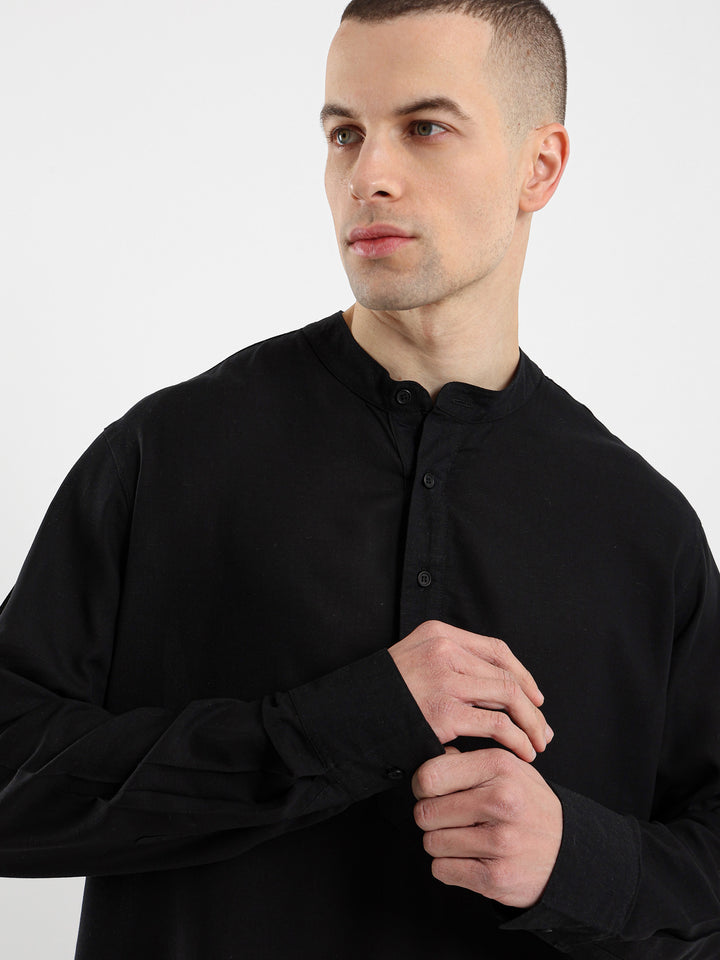 Linen Grandad Collar Full Placket Long Sleeve Shirt