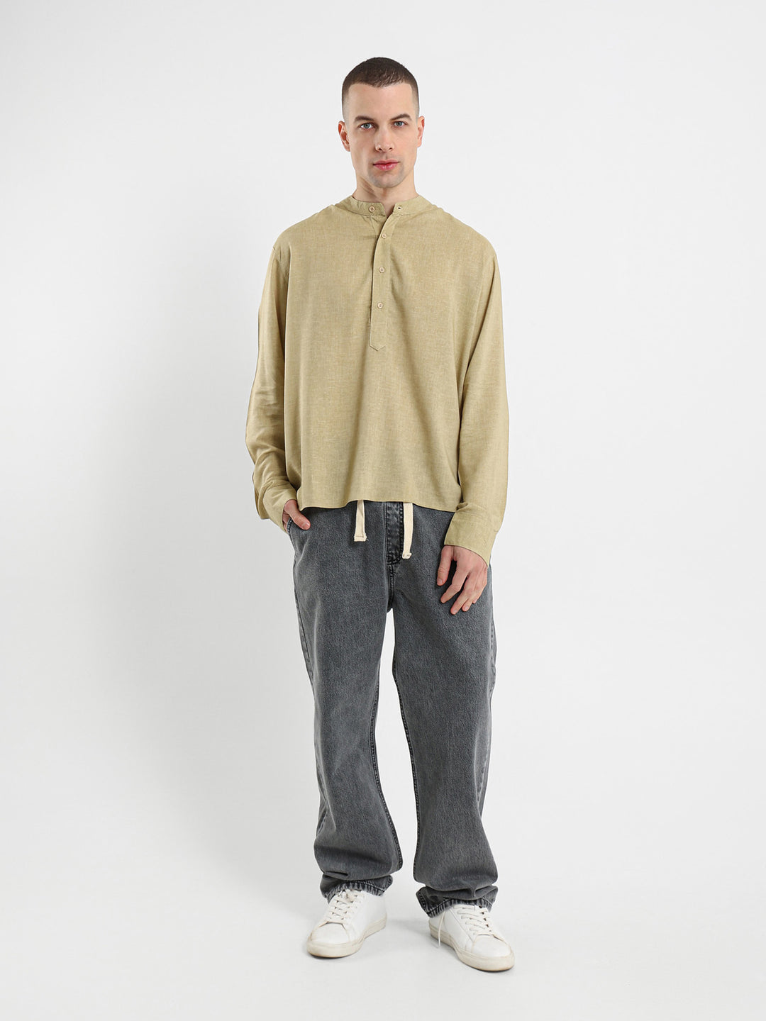 Linen Grandad Collar Full Placket Long Sleeve Shirt