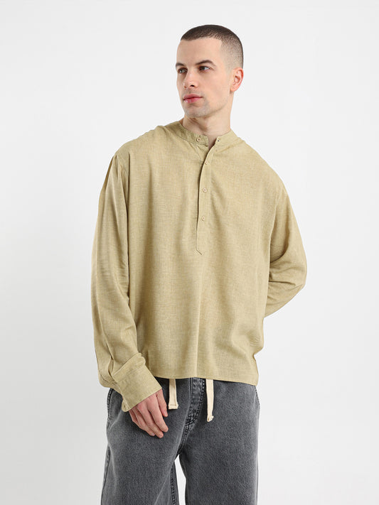 Linen Grandad Collar Full Placket Long Sleeve Shirt