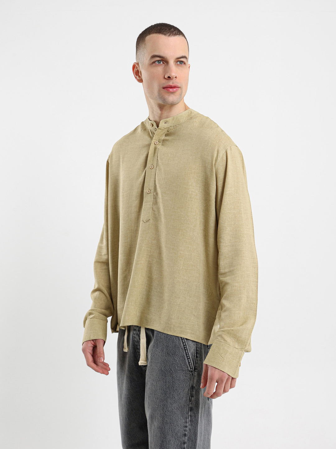 Linen Grandad Collar Full Placket Long Sleeve Shirt