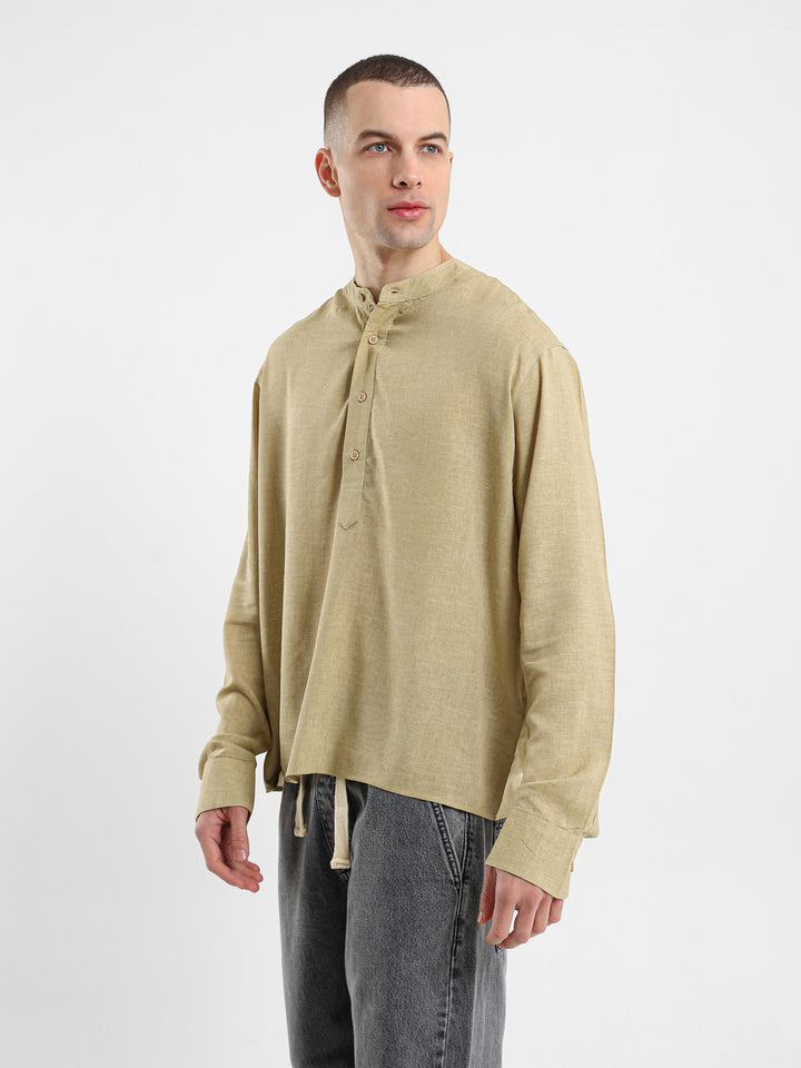 Linen Grandad Collar Full Placket Long Sleeve Shirt