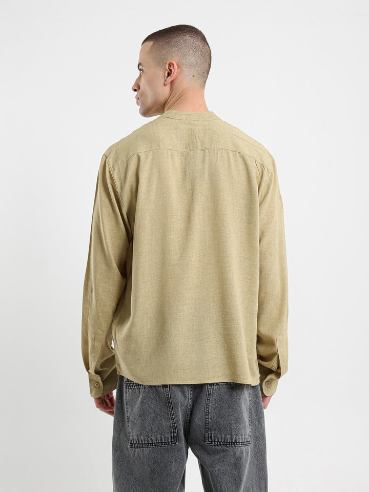 Linen Grandad Collar Full Placket Long Sleeve Shirt