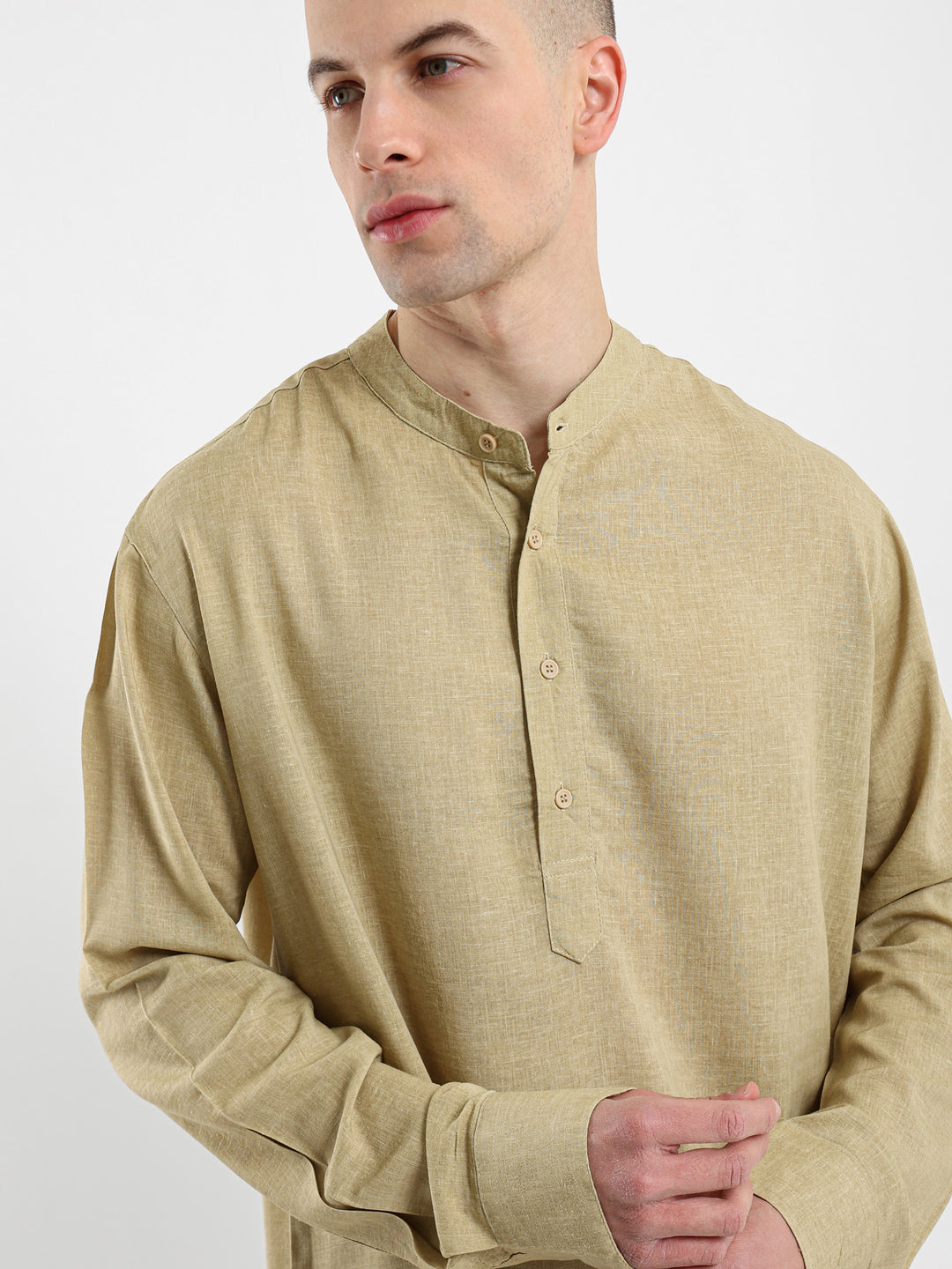 Linen Grandad Collar Full Placket Long Sleeve Shirt