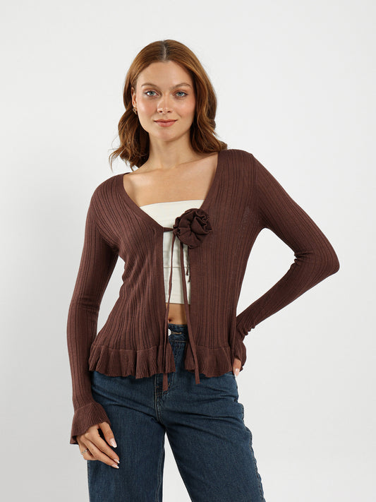 Fitted Cardigan With Front Tie Flower Detail