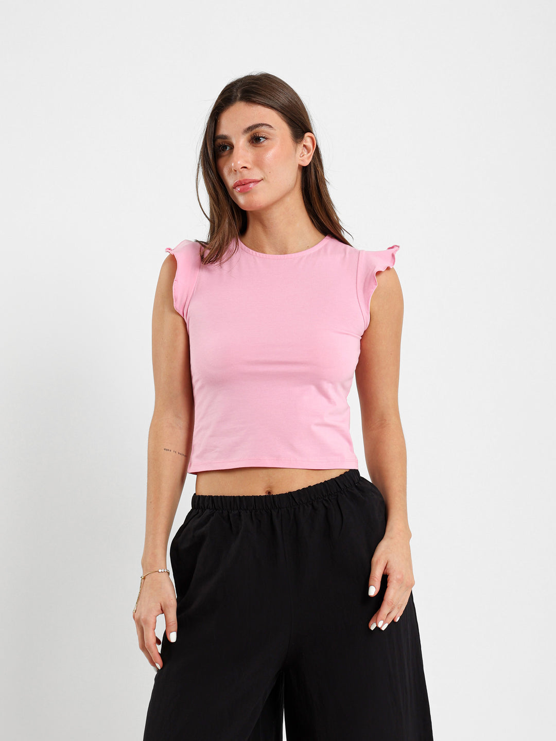 Boat Neck Ruffled Sleeve Top