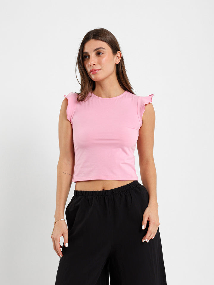 Boat Neck Ruffled Sleeve Top