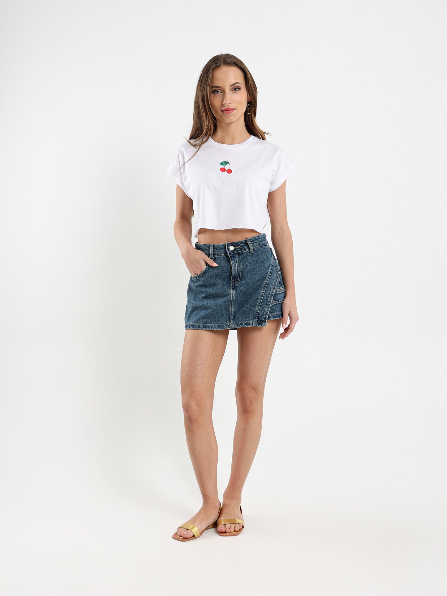 Cherry Embroidered Cropped T-Shirt