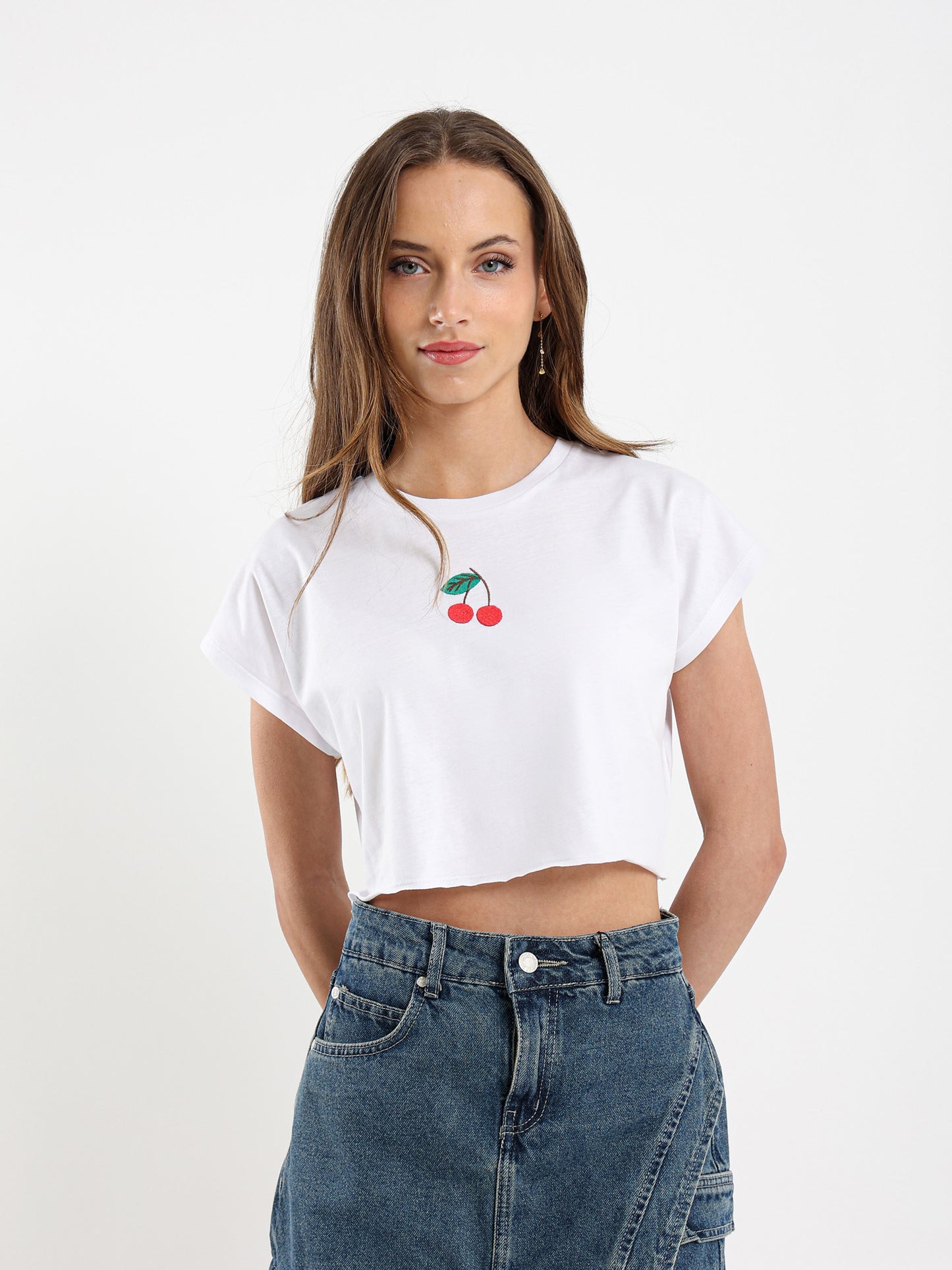 Cherry Embroidered Cropped T-Shirt