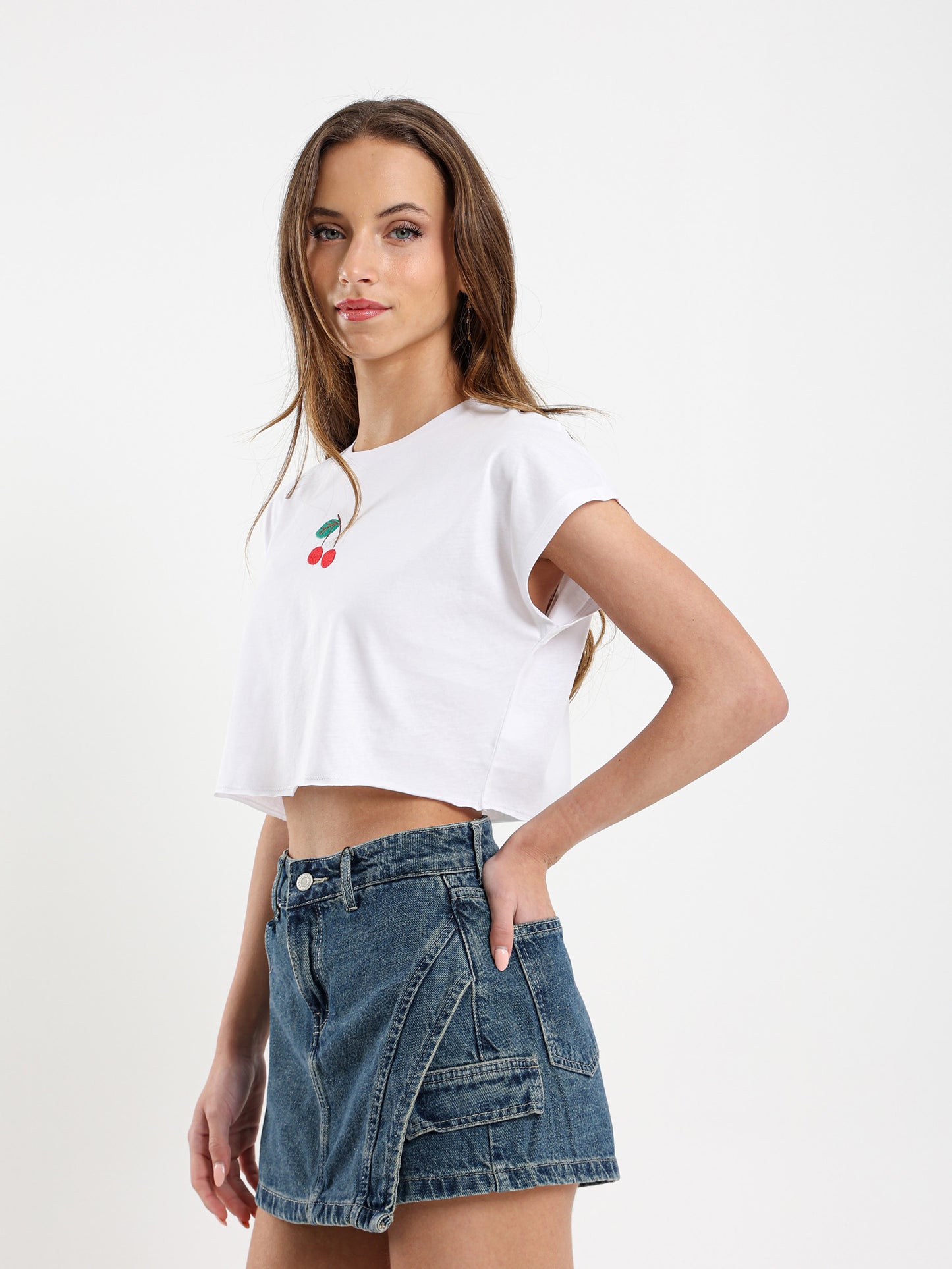 Cherry Embroidered Cropped T-Shirt