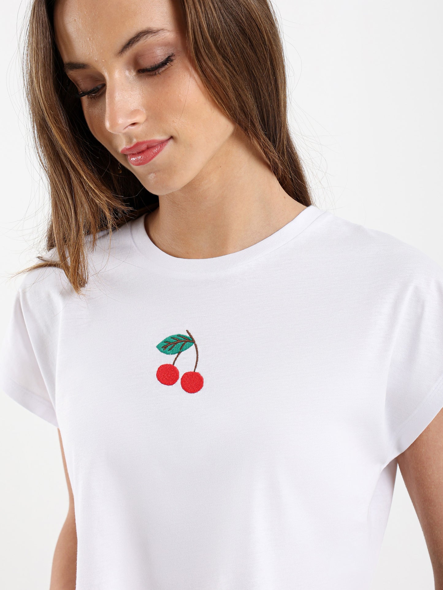 Cherry Embroidered Cropped T-Shirt