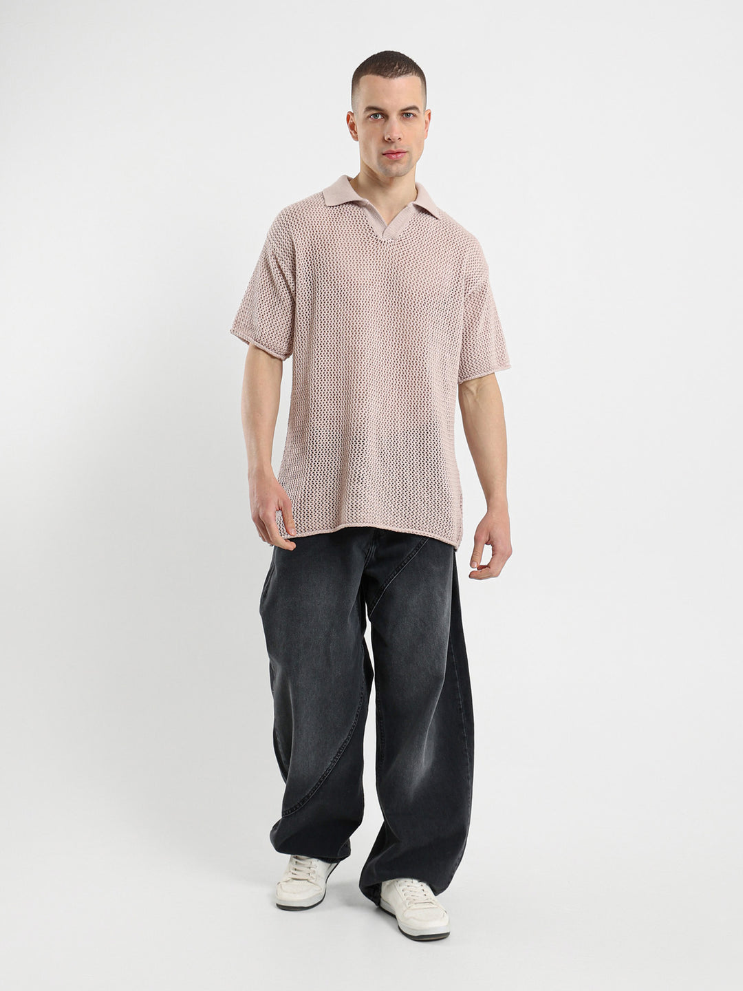 Relaxed Fit Camp Collar Mesh Polo Shirt