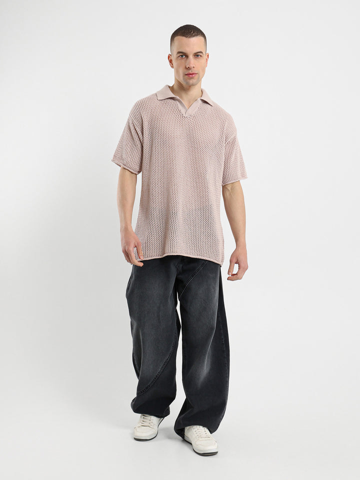 Relaxed Fit Camp Collar Mesh Polo Shirt