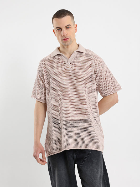 Relaxed Fit Camp Collar Mesh Polo Shirt