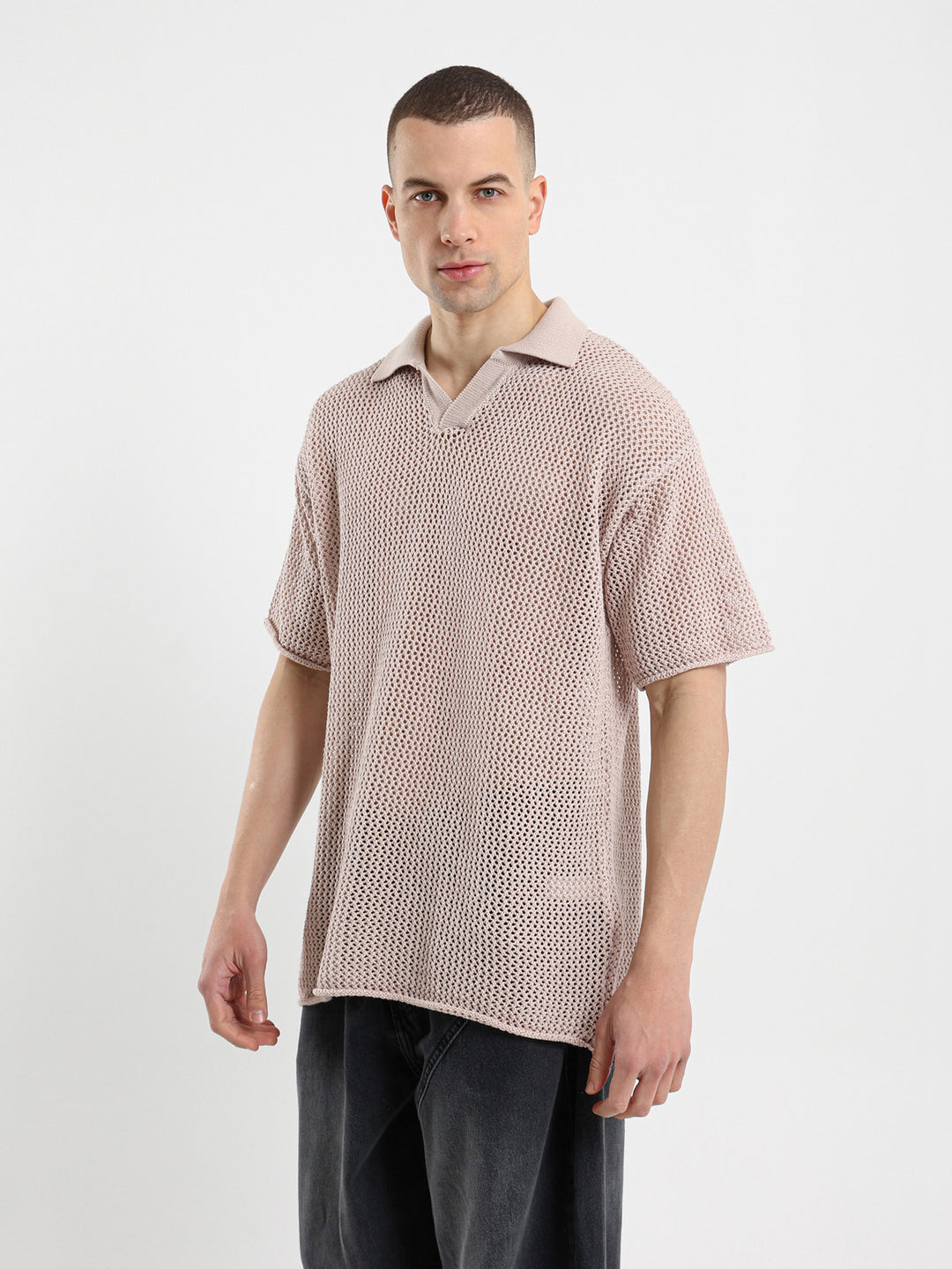 Relaxed Fit Camp Collar Mesh Polo Shirt