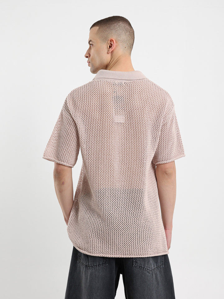 Relaxed Fit Camp Collar Mesh Polo Shirt