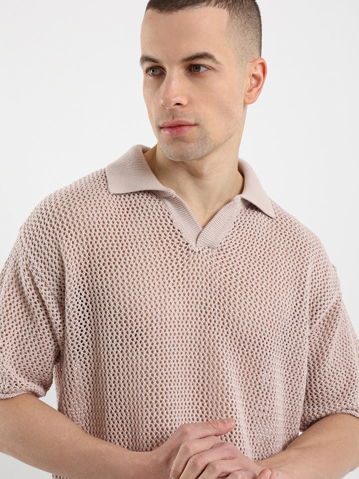 Relaxed Fit Camp Collar Mesh Polo Shirt