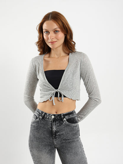 Front Tie Bolero Cardigan With Frayed Hem