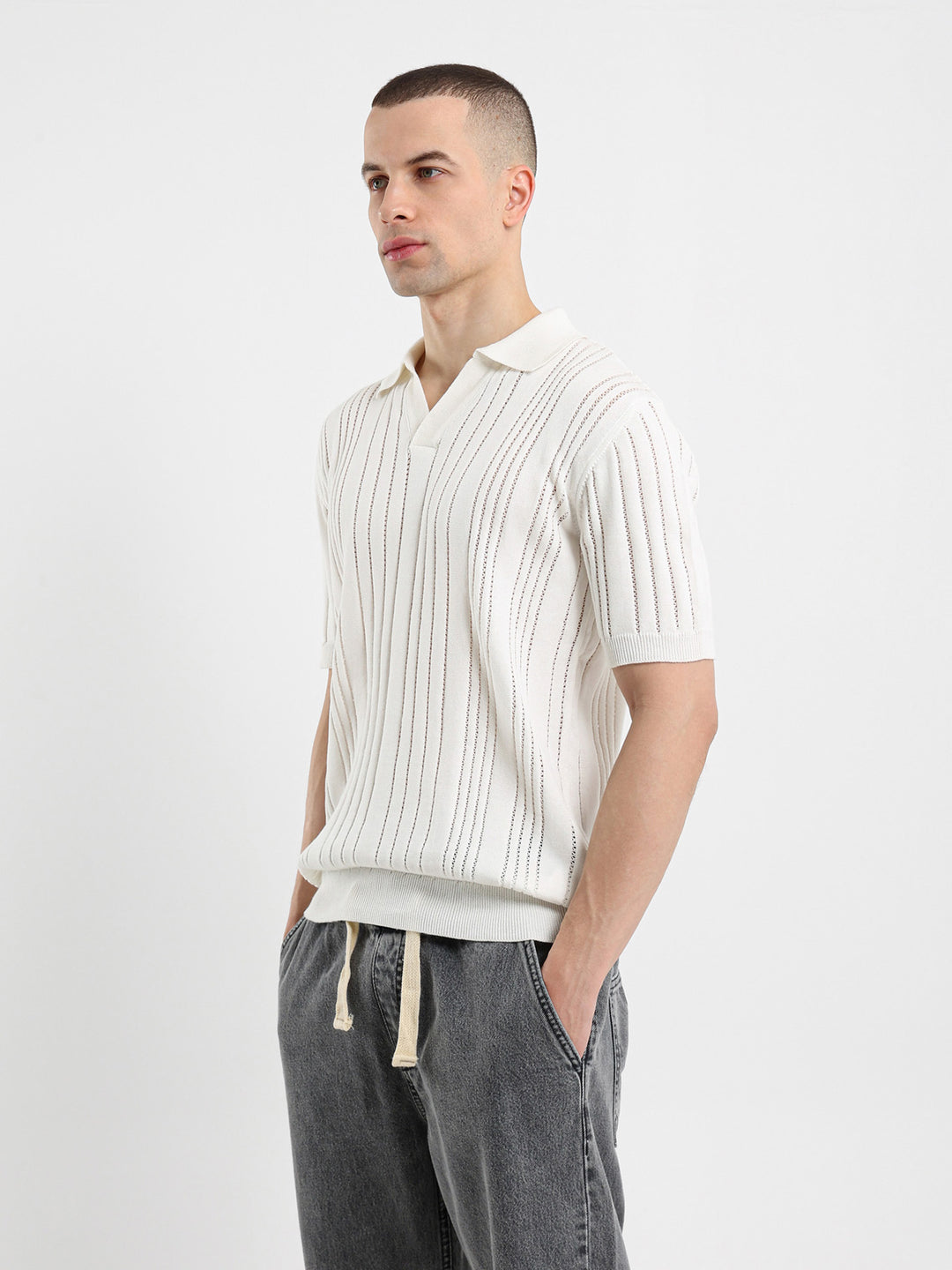 Open Knit Relaxed Fit Polo Shirt