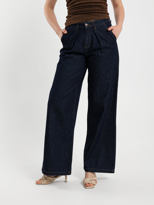 Raw Denim Wide-Leg Jeans with Pleats
