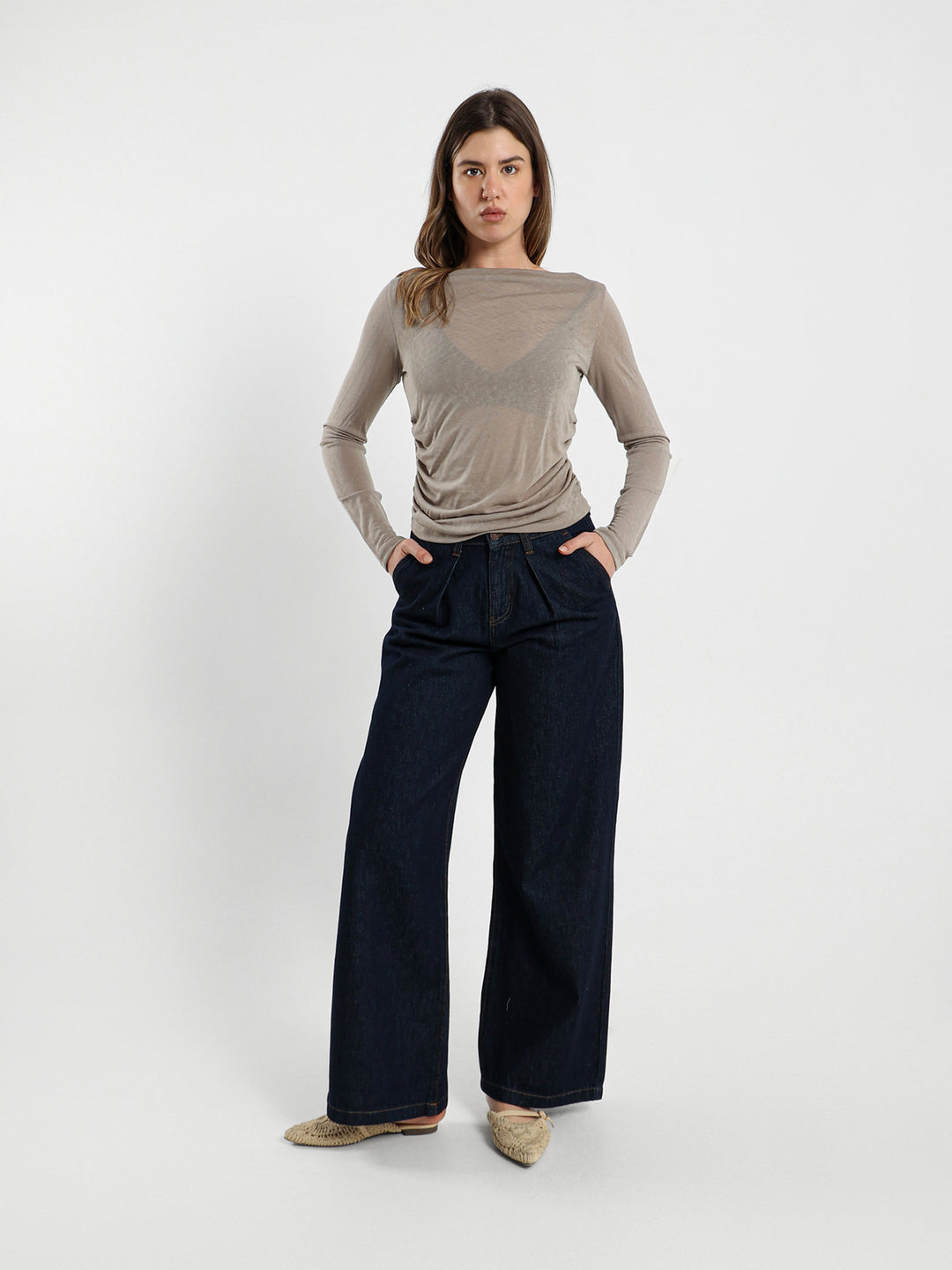 Off-Shoulder Long-Sleeve Top with Side Ruching
