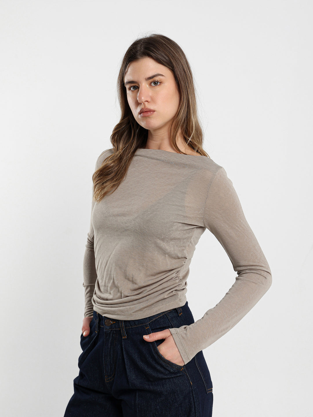 Off-Shoulder Long-Sleeve Top with Side Ruching