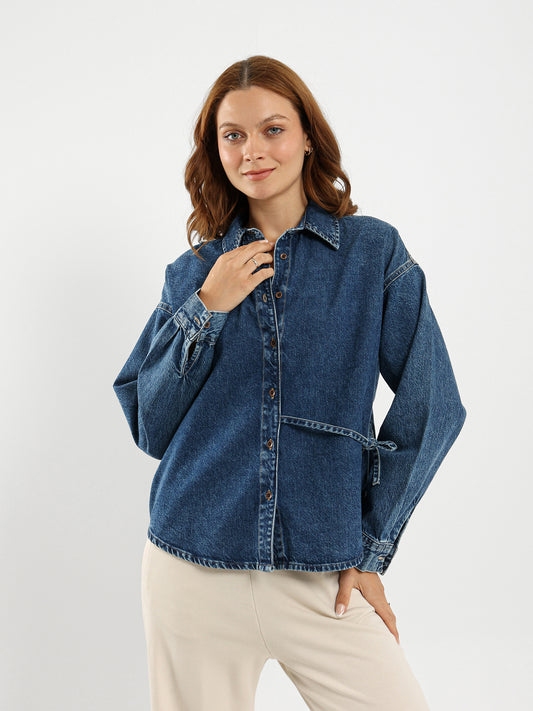 Loose Denim Shirt With Tie Detail