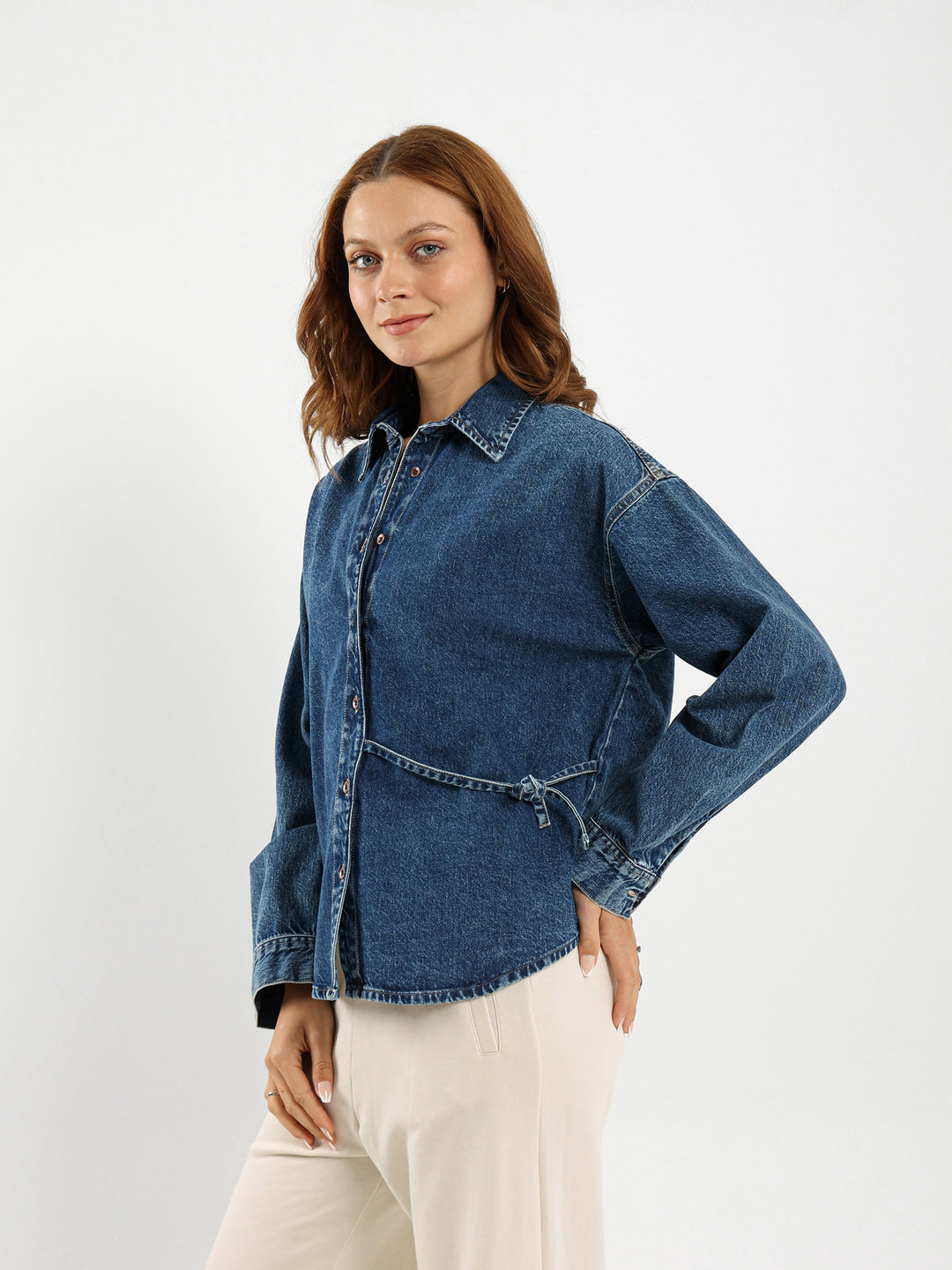 Loose Denim Shirt With Tie Detail