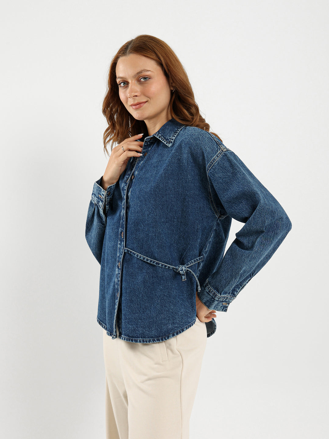 Loose Denim Shirt With Tie Detail