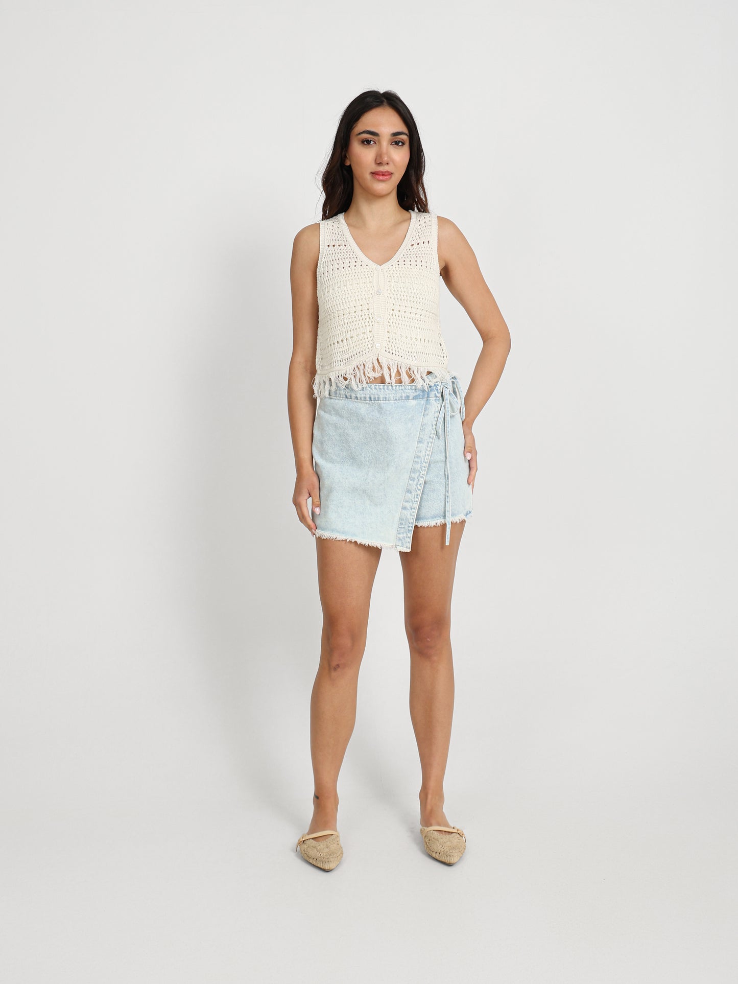 Sleeveless Button-Up Top with Tassels