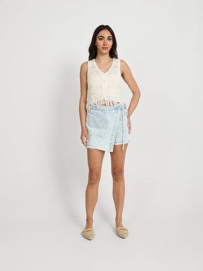 Sleeveless Button-Up Top with Tassels