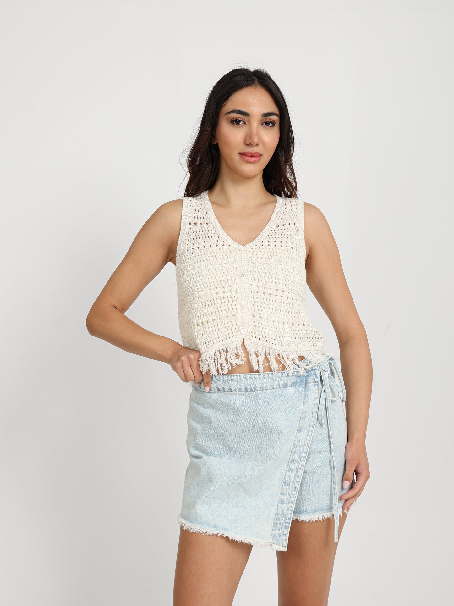 Sleeveless Button-Up Top with Tassels